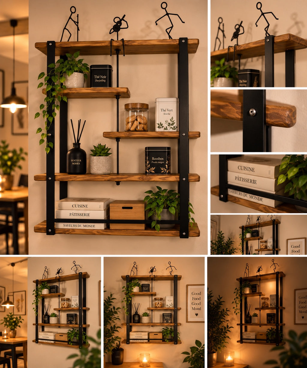 ATELIER LUMÉA, étagère murale bois et métal avec détails