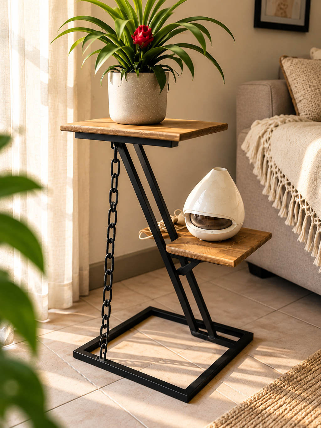 Table d’appoint industrielle en bois et métal noir avec deux plateaux